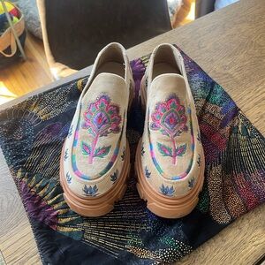 Farm Rio Beige embroidered lug sole slip on loafer